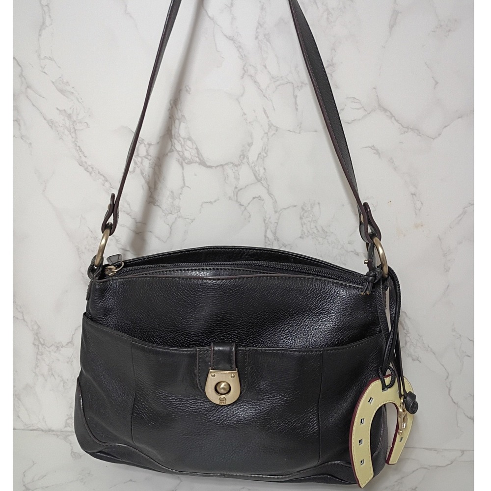 ETIENNE AIGNER Vintage Pebbled Black Leather Bag w/ Horseshoe Charm - EUC